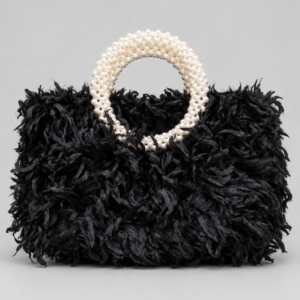 Borsa Donna Double Face Nera con Piume, Manico di Perle e Pochette