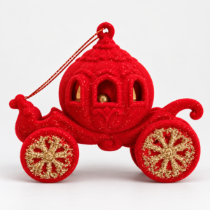 Decorazione Natalizia Carrozza di Cenerentola Rossa con Glitter Oro – 11 x 10 cm