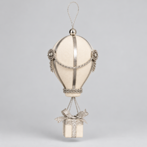 Decorazione Natalizia Mongolfiera Avorio e Argento con Pacco Regalo – Addobbo Elegante da Appendere 19 cm