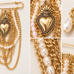 Spilla Gioiello Donna Dorata con Catene Pendenti, Perle e Charm
