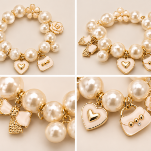Bracciale Donna Elastico con Maxi Perle Avorio e Charm Pendenti – Elegante e Glamour