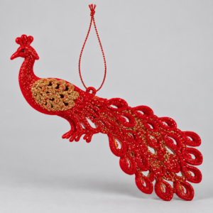 Decorazione Natalizia Pavone Rosso e Oro Glitterato da Appendere – 20 cm