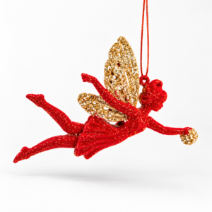 Decorazione Natalizia Fata Volante Rossa con Ali Oro Glitterate da Appendere – Addobbo Elegante per Albero di Natale 12cm