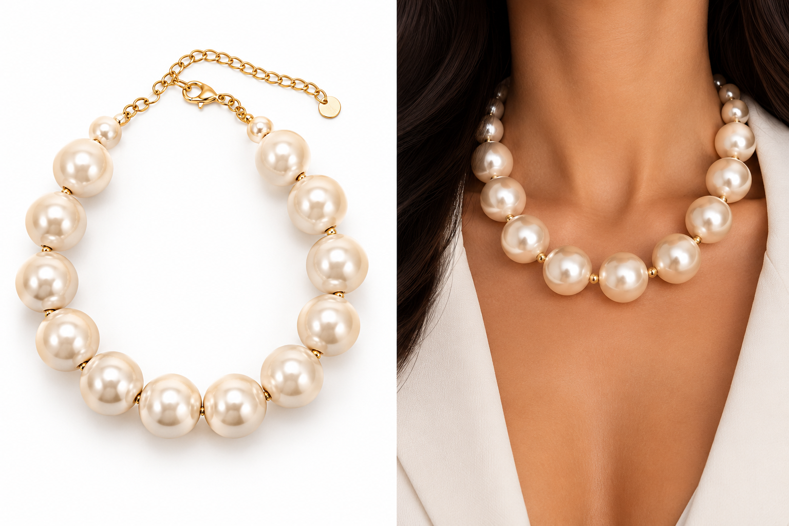 Collana Donna con Maxi Perle Avorio e Dettagli Dorati – Girocollo Elegante e Raffinato